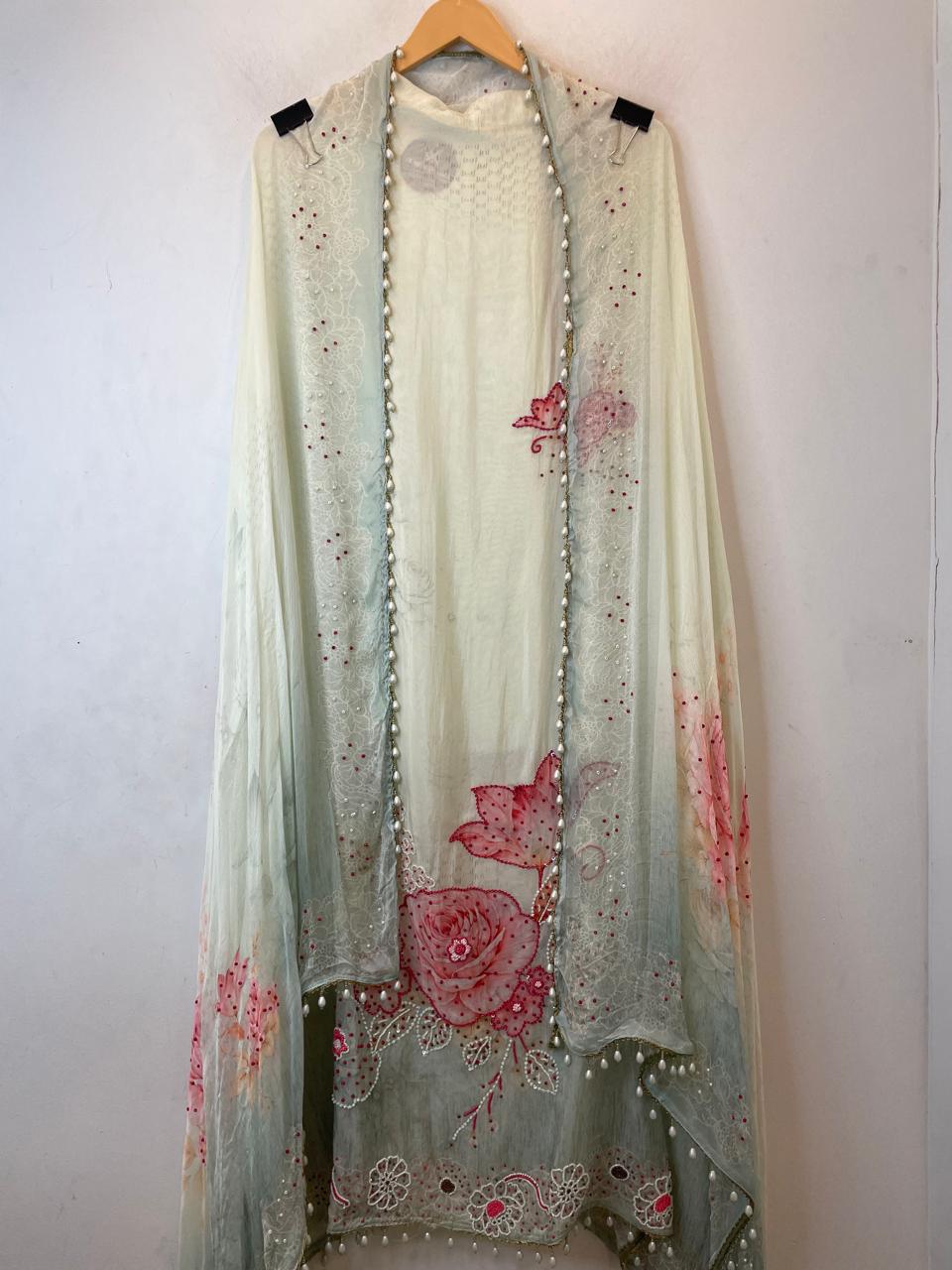 Mint Green Organza Printed Unstitched Suit Set with Bead &amp; Sequin Work