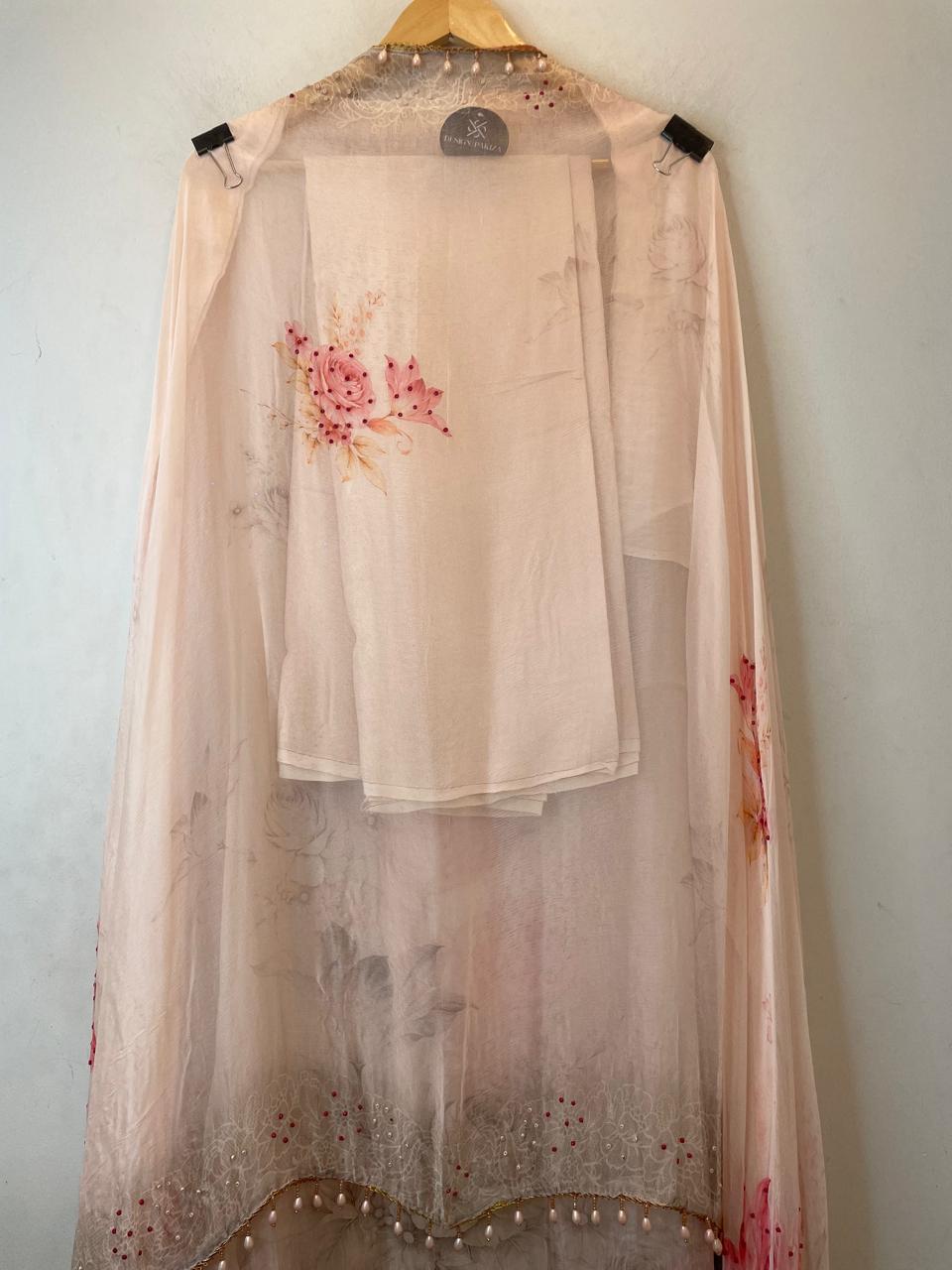Peach Pink Organza Printed Unstitched Suit Set with Bead &amp; Sequin Work