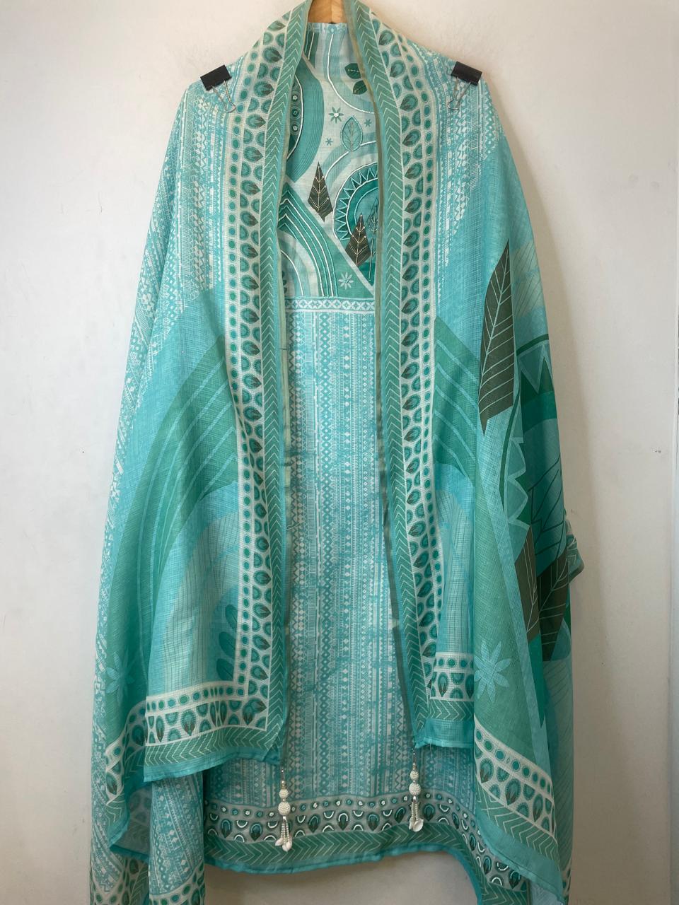 Blue Fine Cotton Printed Unstitched Suit Set with Dabka &amp; Pearl Work