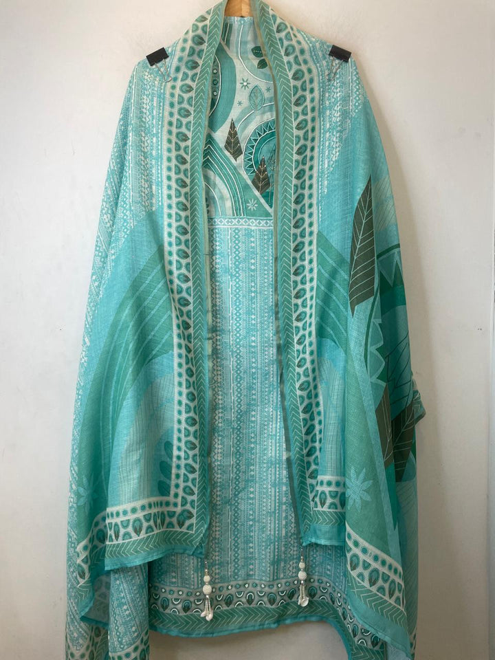 Blue Fine Cotton Printed Unstitched Suit Set with Dabka &amp; Pearl Work