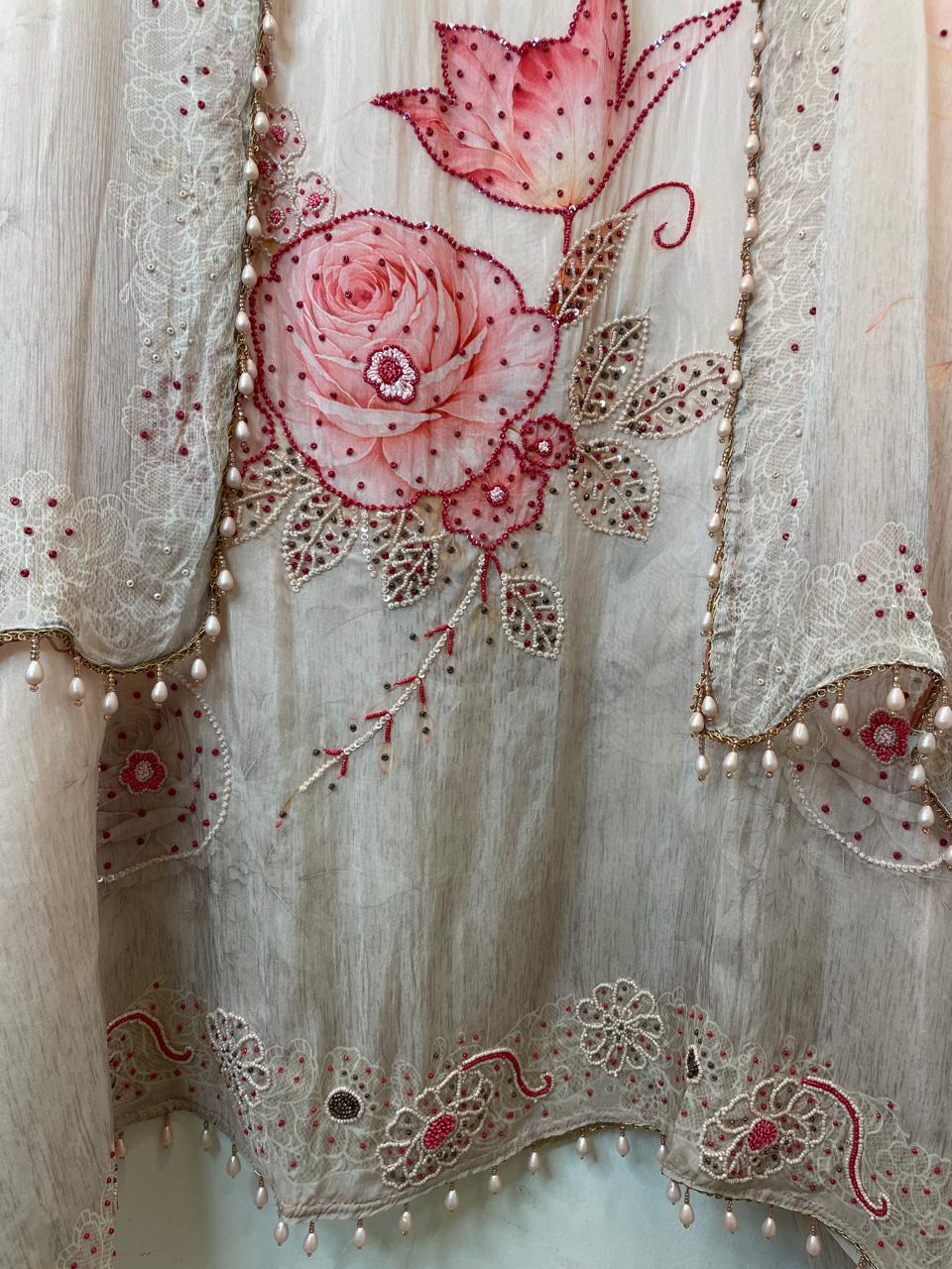 Peach Pink Organza Printed Unstitched Suit Set with Bead &amp; Sequin Work