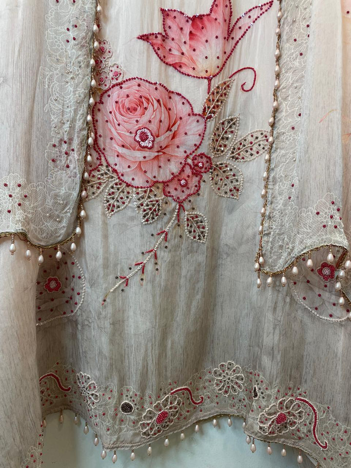 Peach Pink Organza Printed Unstitched Suit Set with Bead &amp; Sequin Work