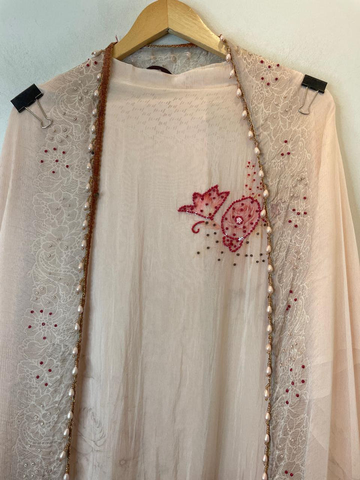 Peach Pink Organza Printed Unstitched Suit Set with Bead &amp; Sequin Work