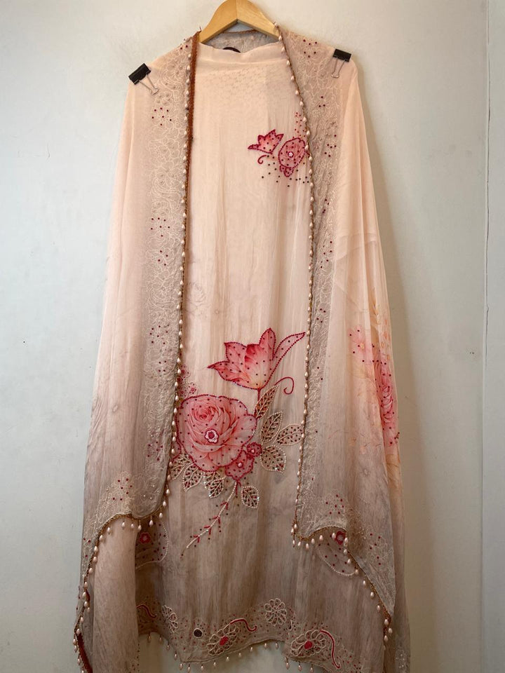 Peach Pink Organza Printed Unstitched Suit Set with Bead &amp; Sequin Work