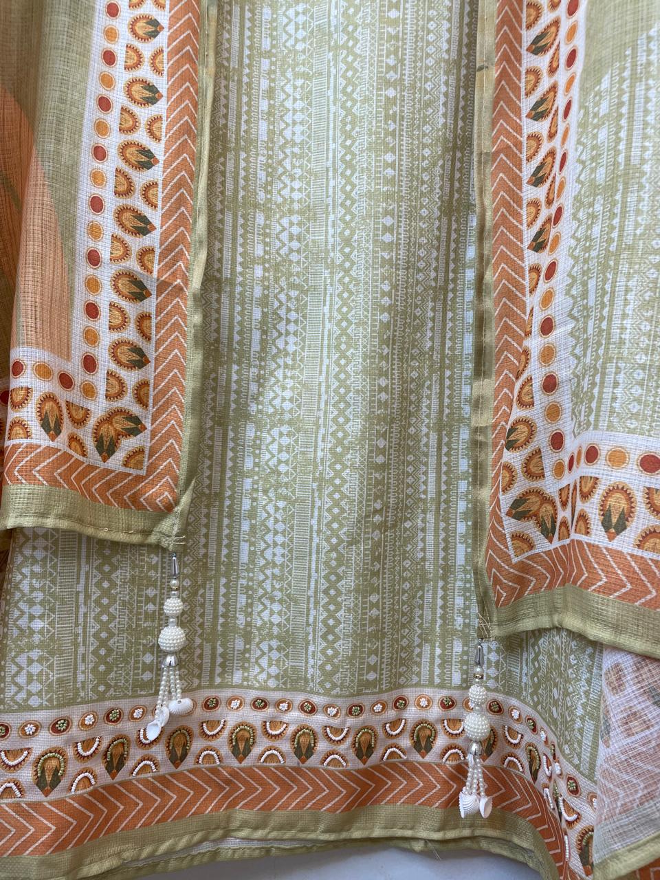 Green Fine Cotton Printed Unstitched Suit Set with Dabka &amp; Pearl Work