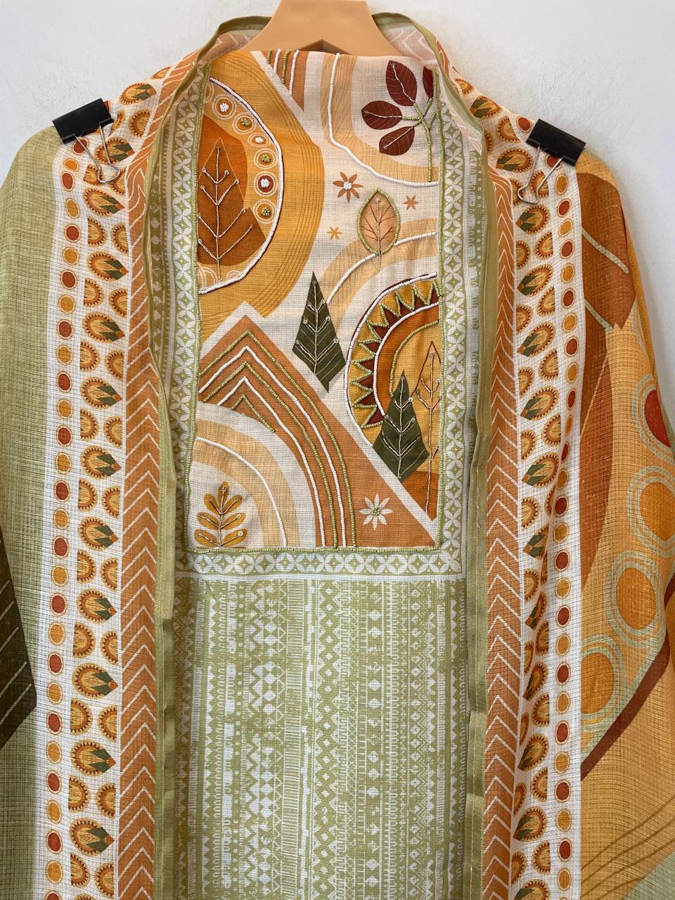 Green Fine Cotton Printed Unstitched Suit Set with Dabka &amp; Pearl Work