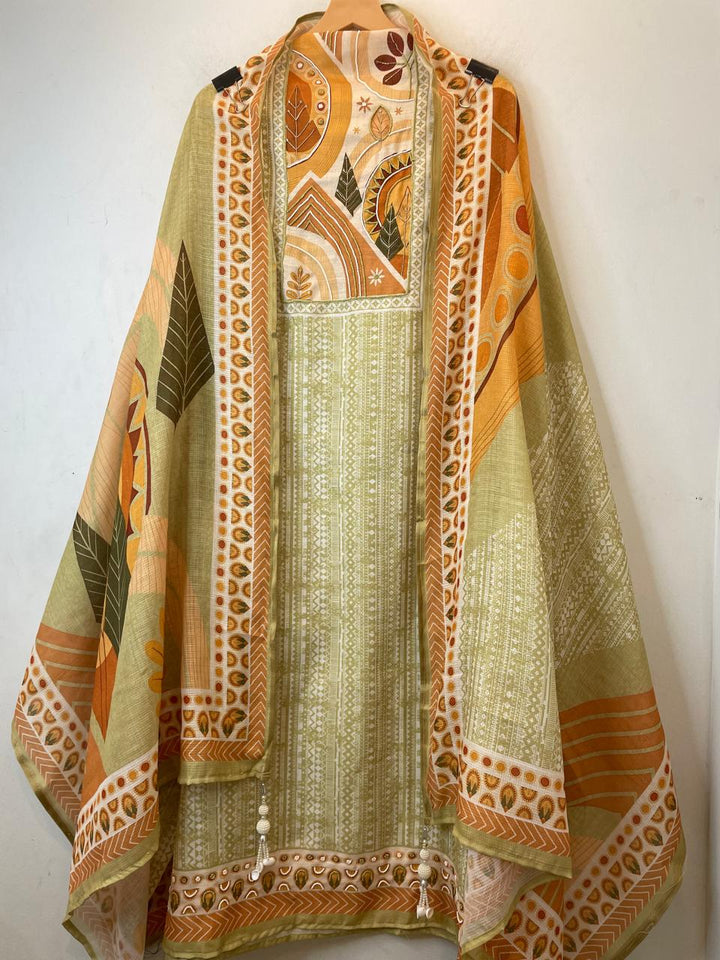 Green Fine Cotton Printed Unstitched Suit Set with Dabka &amp; Pearl Work