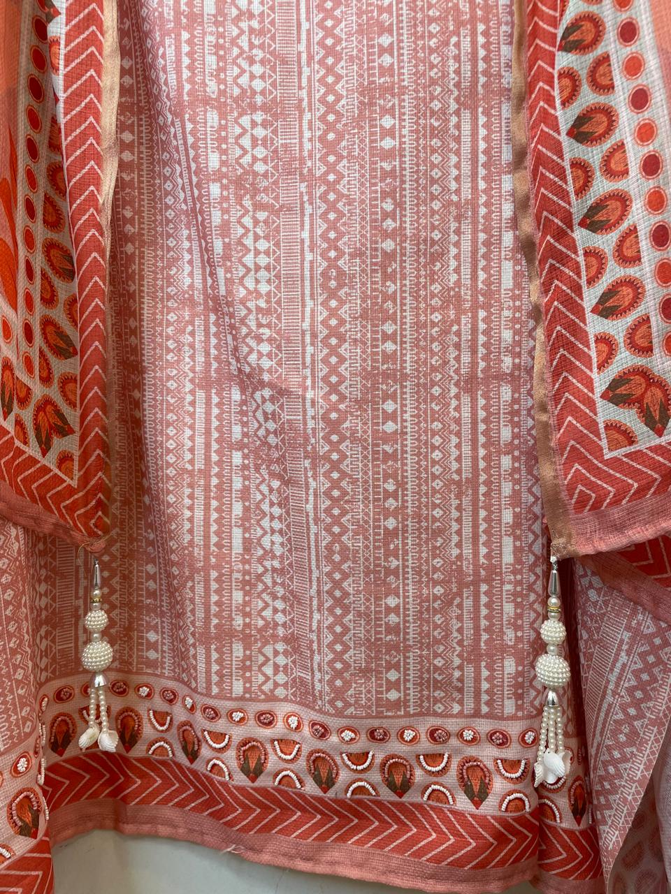 Orange Fine Cotton Printed Unstitched Suit Set with Dabka &amp; Pearl Work