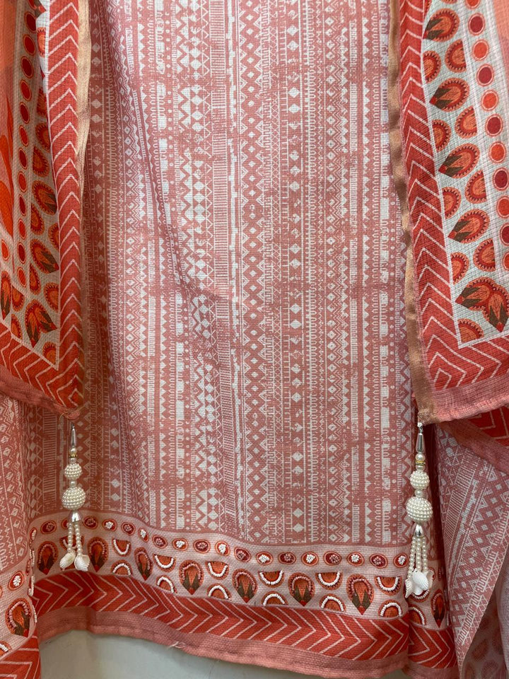 Orange Fine Cotton Printed Unstitched Suit Set with Dabka &amp; Pearl Work