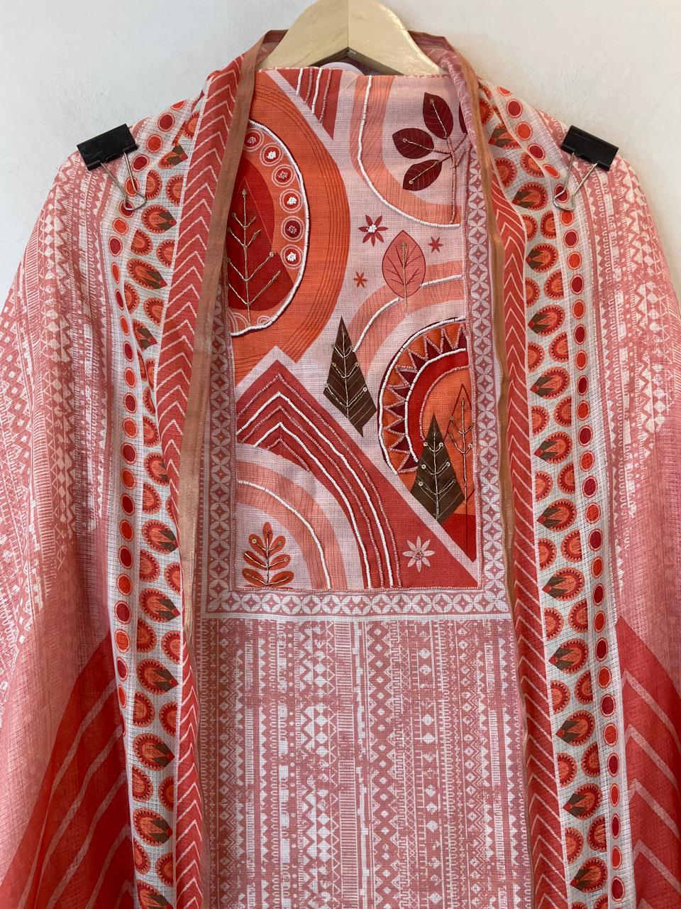 Orange Fine Cotton Printed Unstitched Suit Set with Dabka &amp; Pearl Work