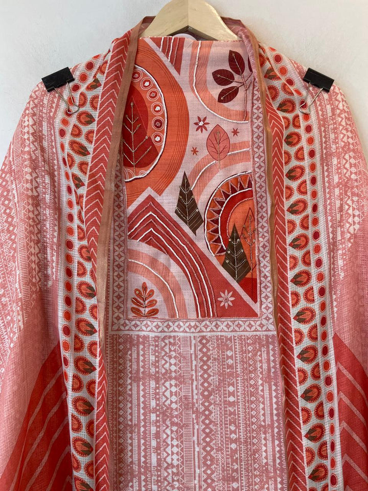 Orange Fine Cotton Printed Unstitched Suit Set with Dabka &amp; Pearl Work