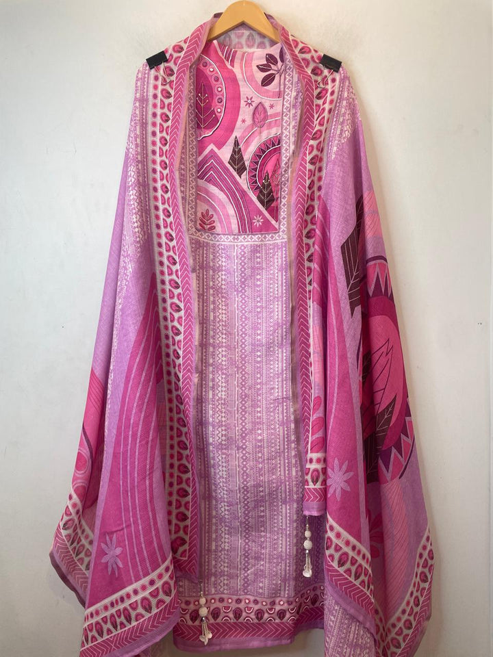 Pink Fine Cotton Printed Unstitched Suit Set with Dabka &amp; Pearl Work