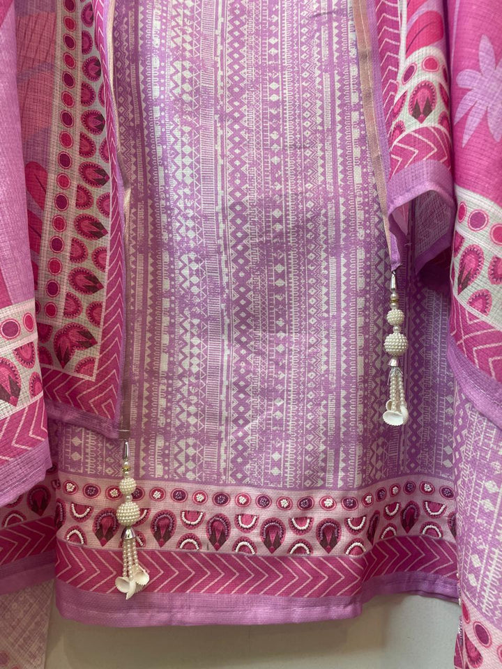 Pink Fine Cotton Printed Unstitched Suit Set with Dabka &amp; Pearl Work