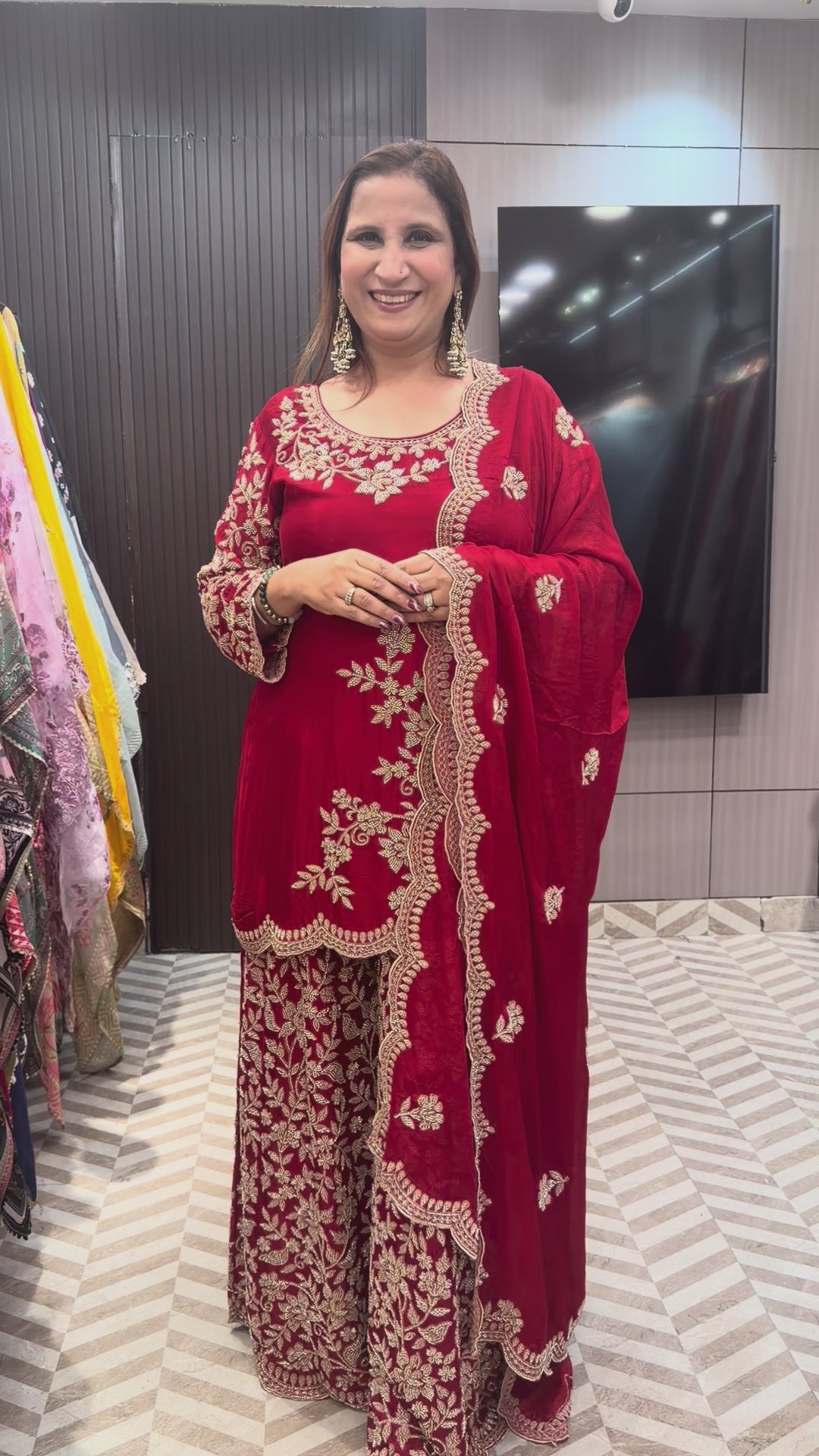 Red Embellished Chinon Sharara Set