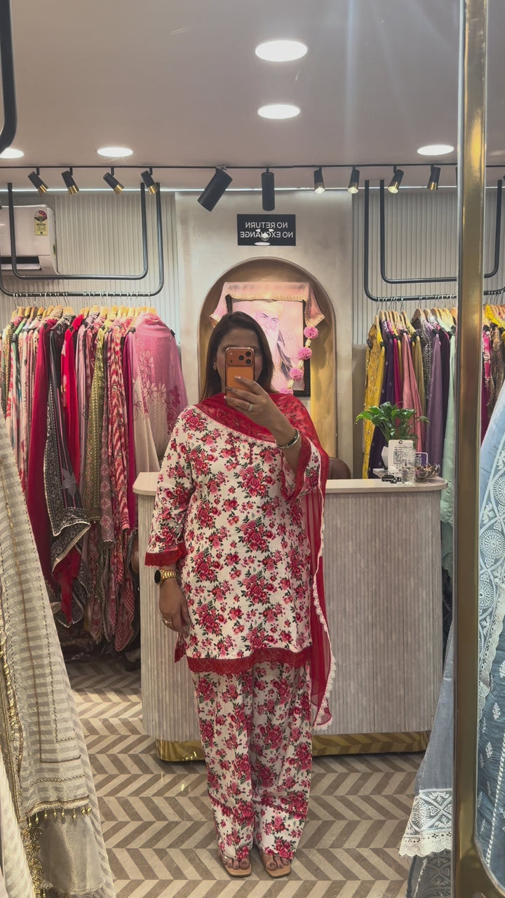 Cotton Floral Co-ord Set with Farshi Salwar &amp; Lace Detailing