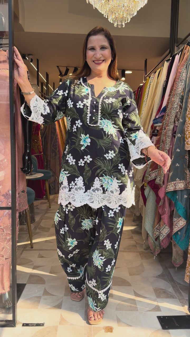 Modal Rayon Co-ord Set with Farshi Salwar &amp; Lace Detailing