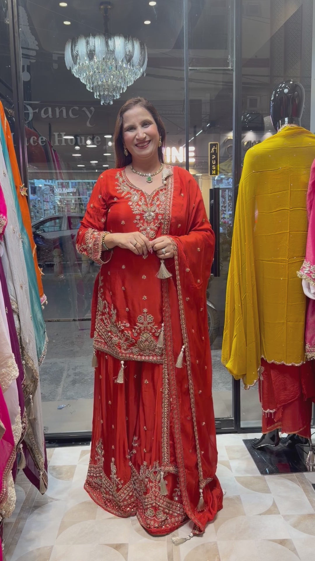 Zehvaya – Orange Chinon Beaded Sharara Set