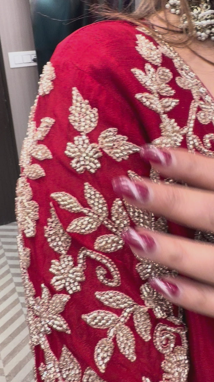 Red Embellished Chinon Sharara Set
