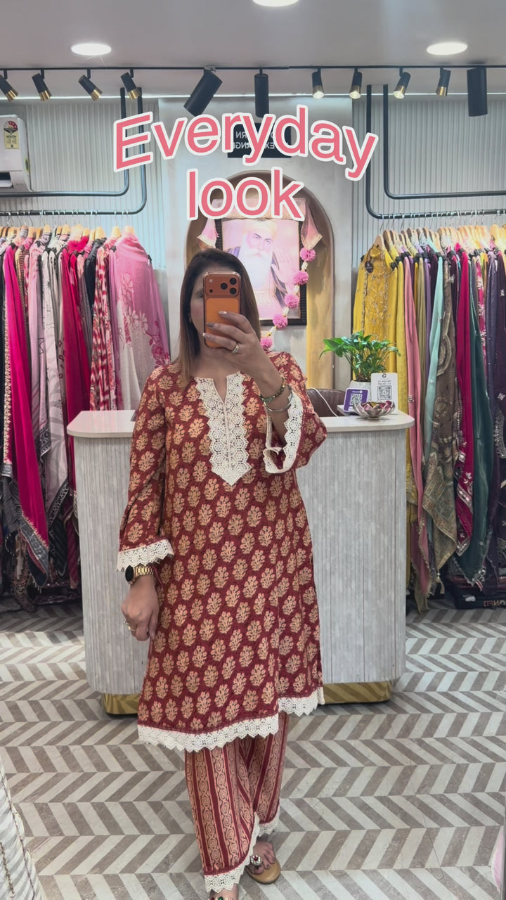 Muslin Ajrakh Printed Co-ord Set with Lace Detailing