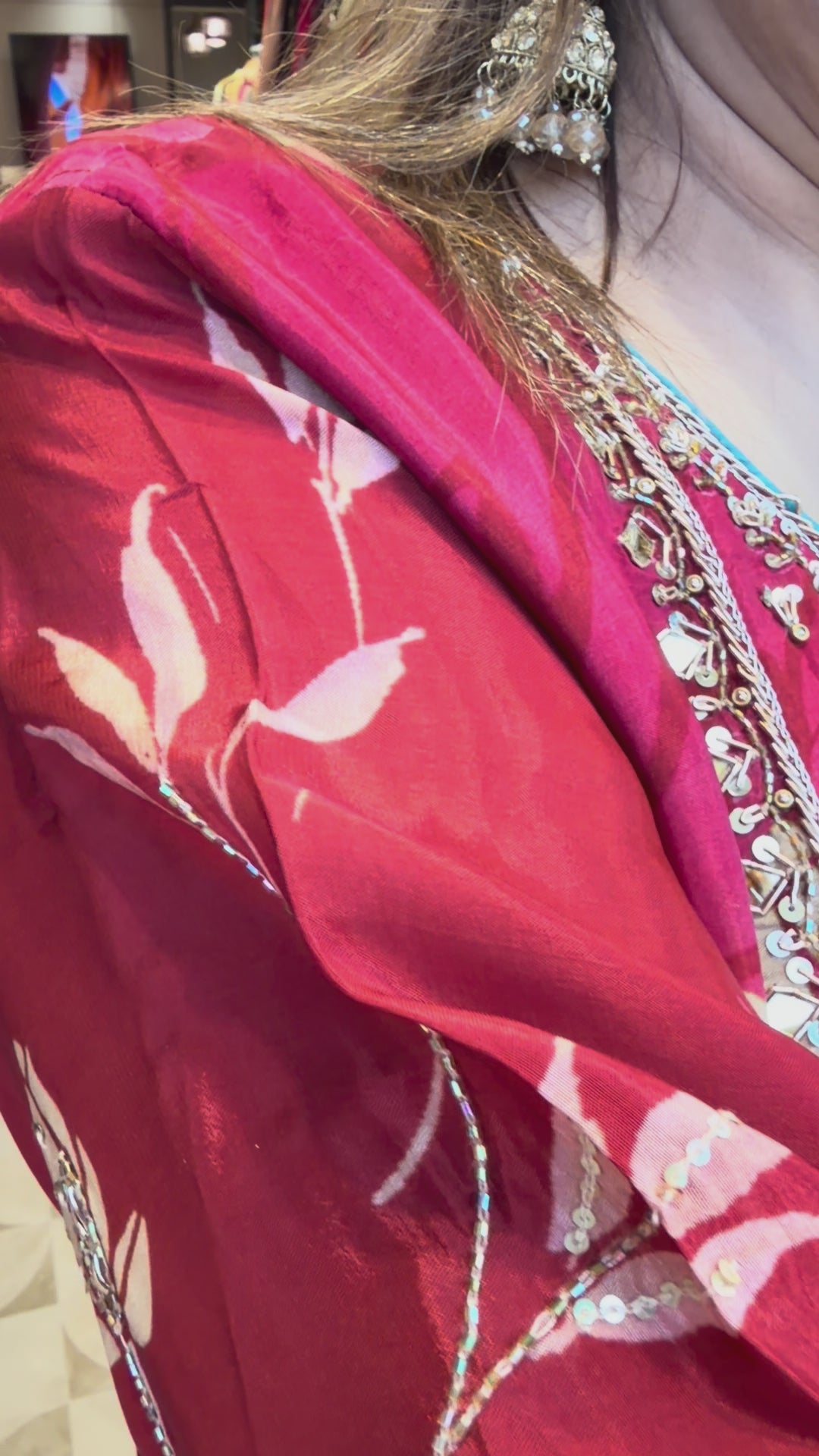 Red Silk Organza Digital Printed Sharara Set with Handwork