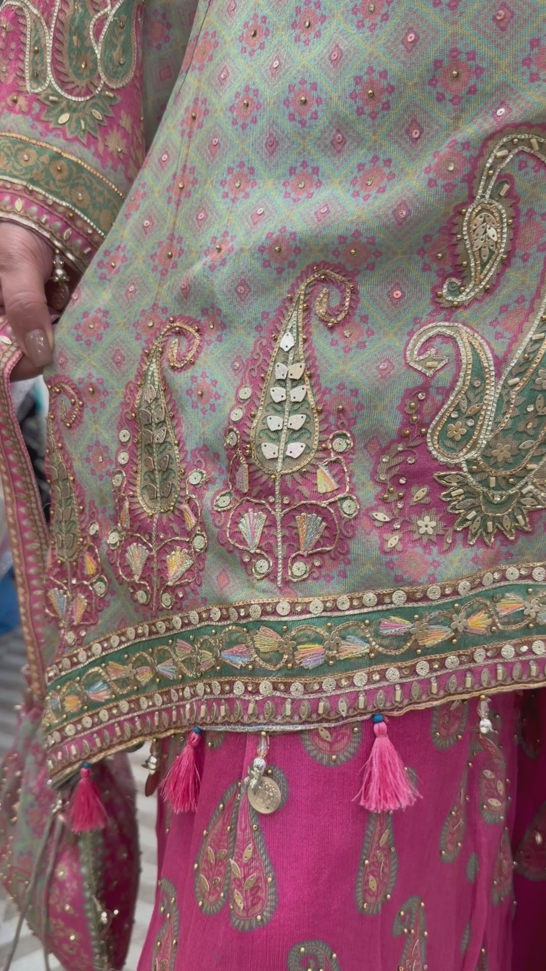 Pink Burberry Tissue Sharara Set with C-Cut &amp; Heavy Handwork