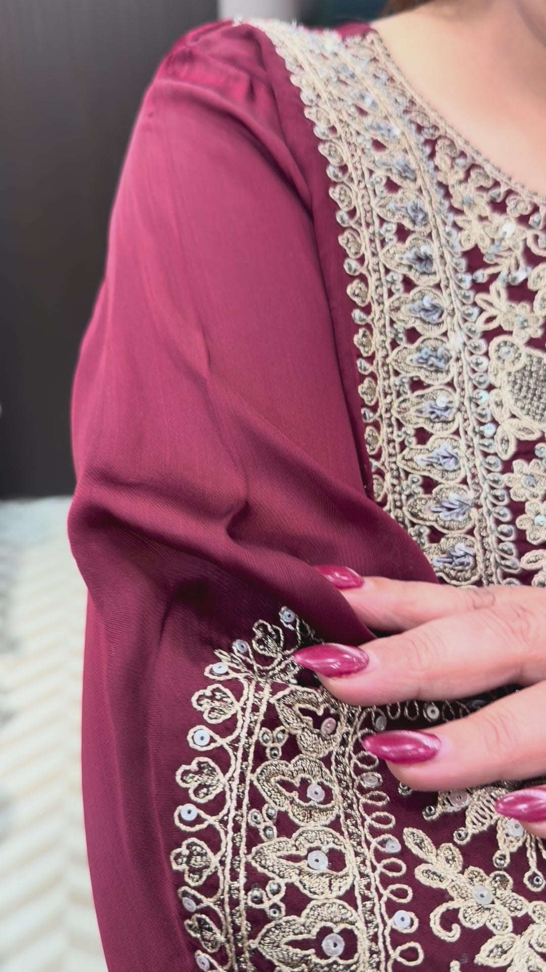 Meherza – Wine Satin Organza Farshi Salwar Suit