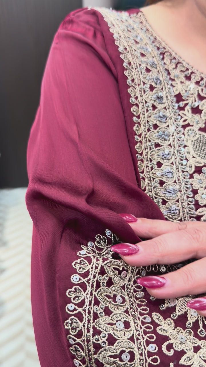 Meherza – Wine Satin Organza Farshi Salwar Suit