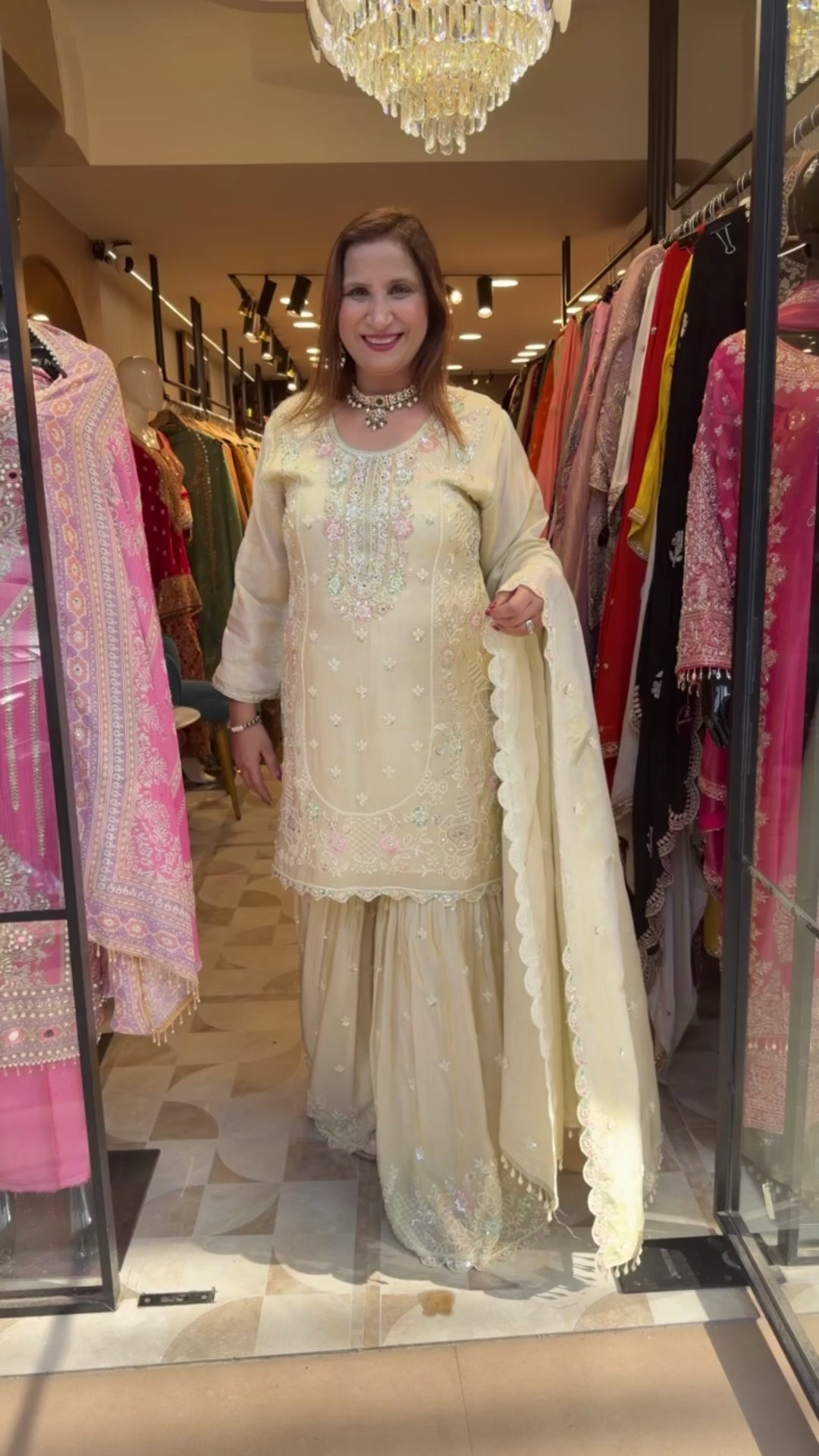 Zehvaya – Beige Chinon Cutdana Sharara Set