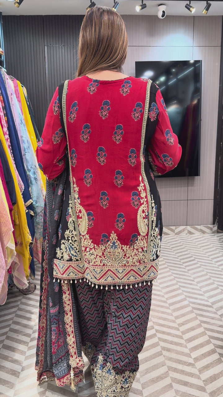 Noorika – Maroon Chinon Ajrak Printed Dori Work Suit