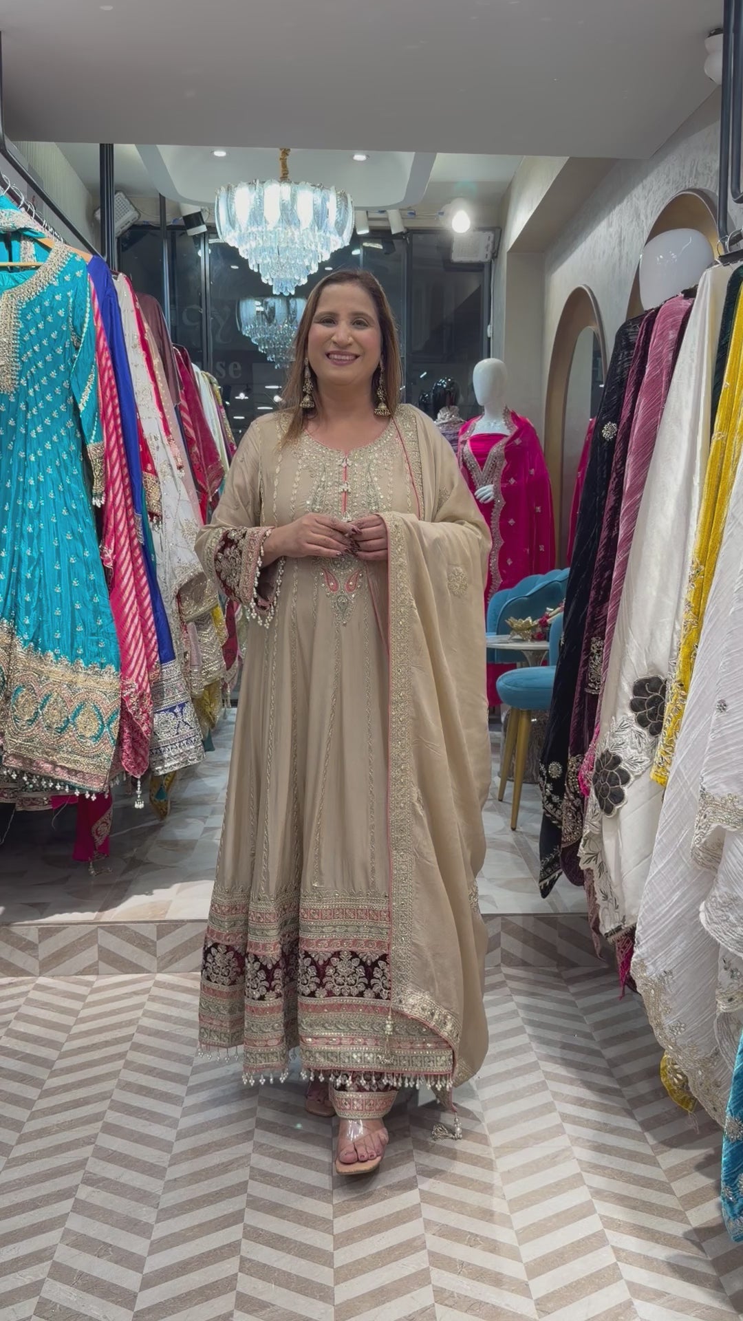 Zariya – Beige Chinon Zari Anarkali Set