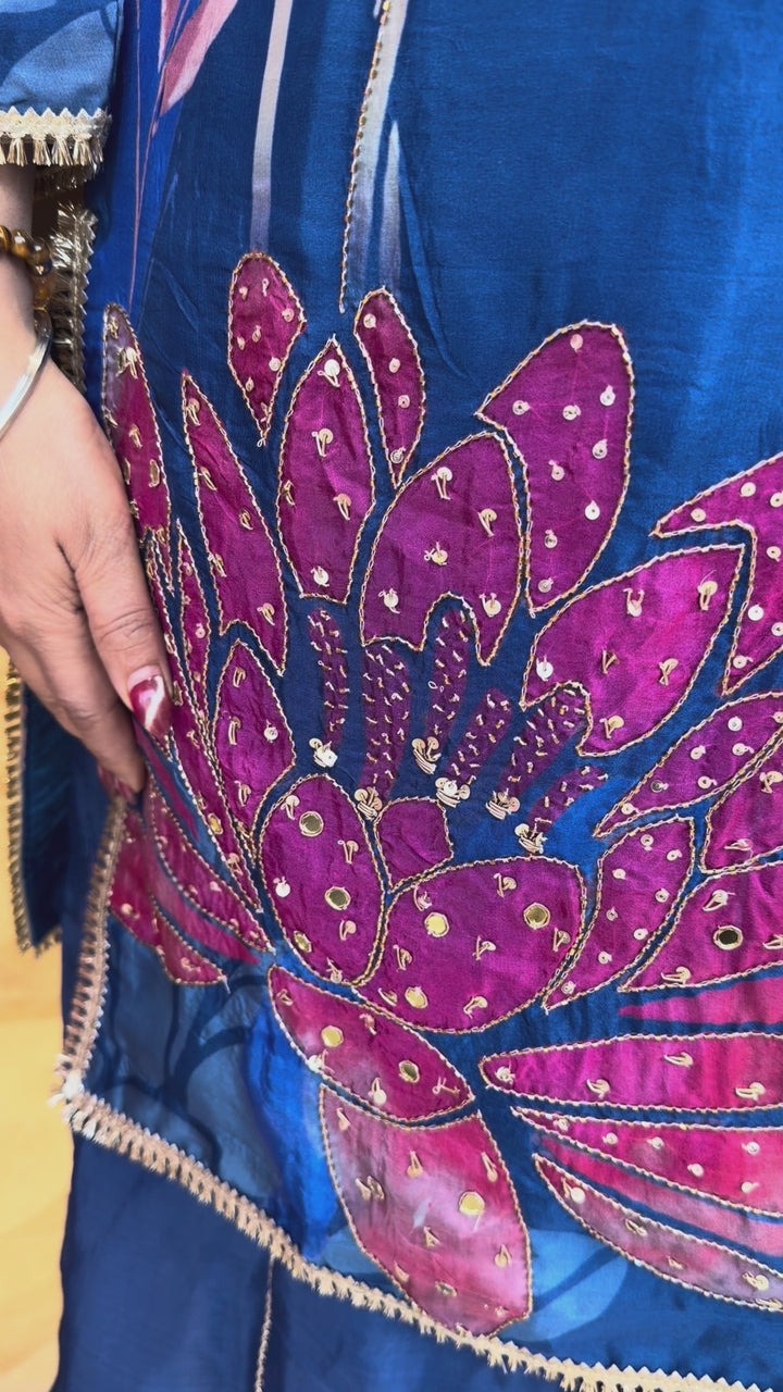 Blue Silk Organza Digital Printed Sharara Set with Handwork