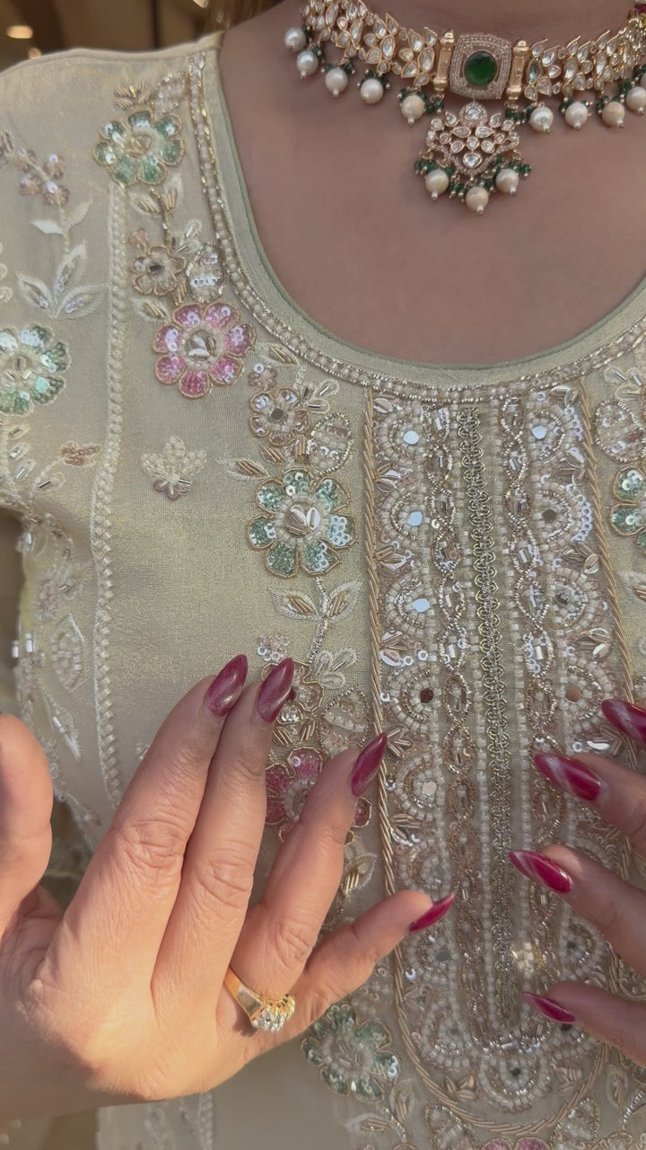 Zehvaya – Beige Chinon Cutdana Sharara Set