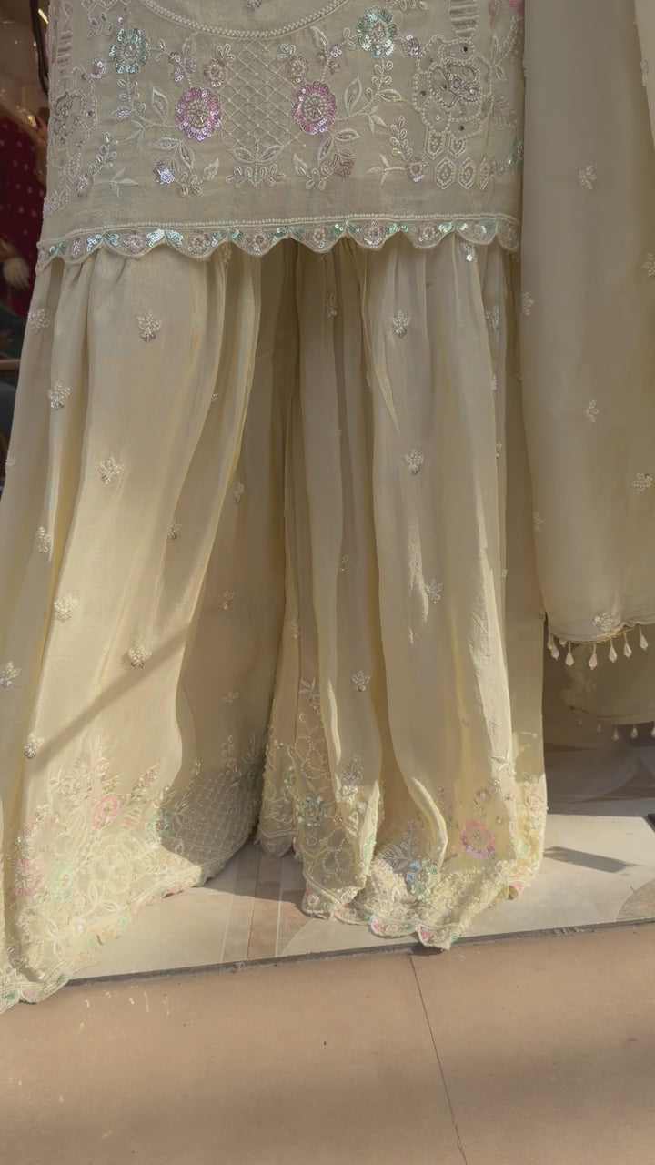 Zehvaya – Beige Chinon Cutdana Sharara Set