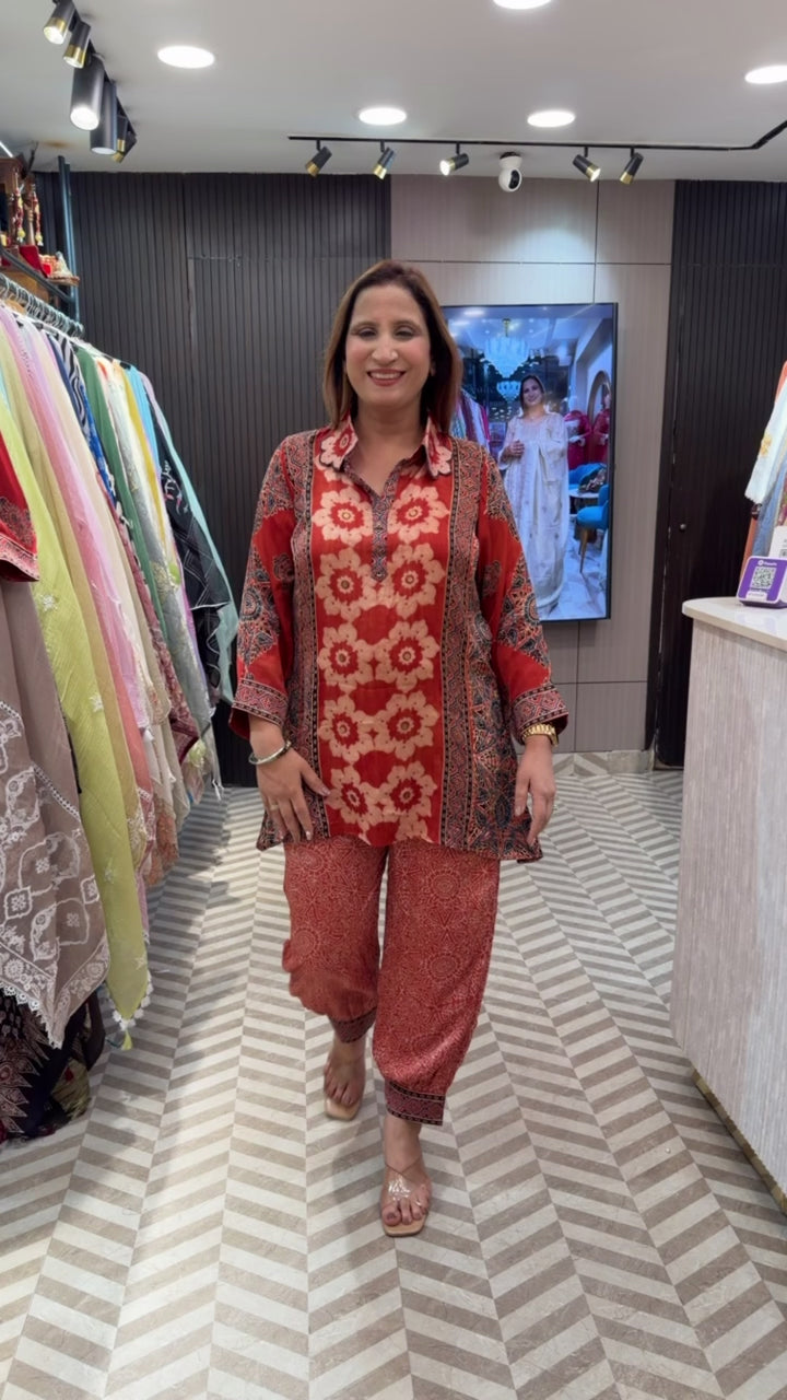 Rust Ajrakh Block Printed Co-ord Set with Afghani Salwar