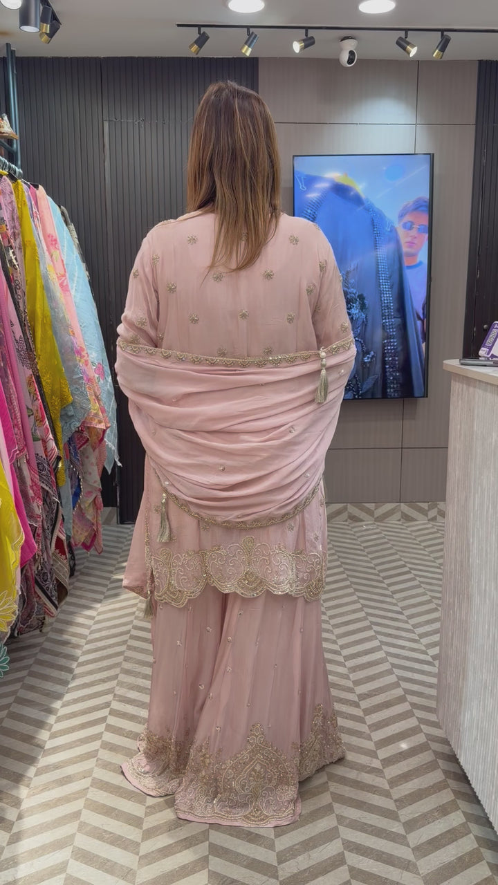 Baby Pink Luxury Chinon Sharara Ensemble