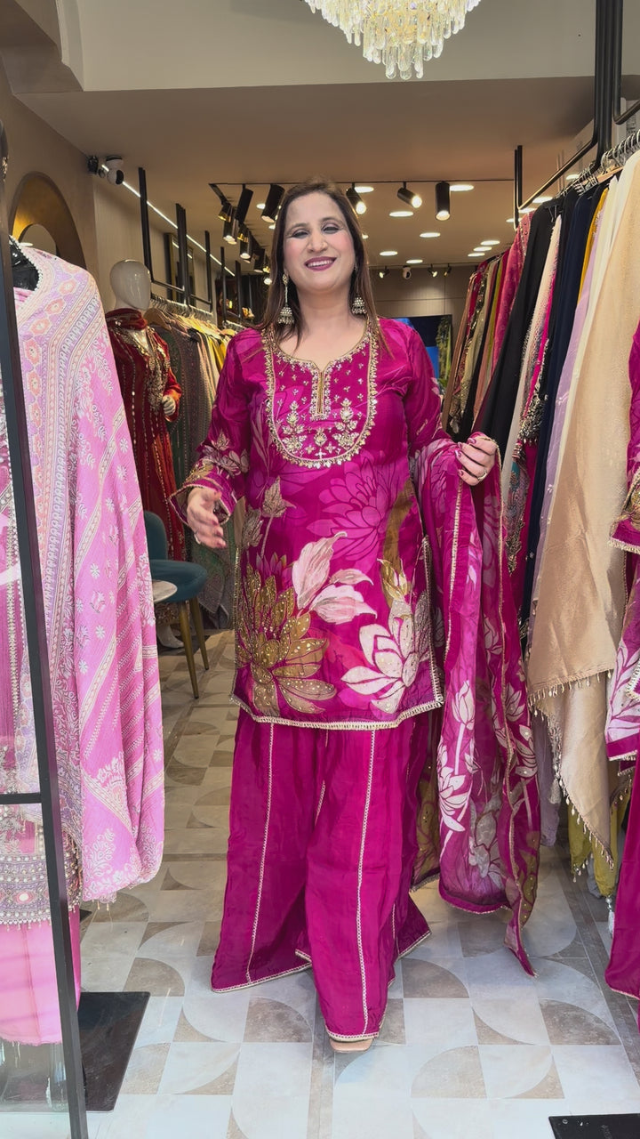 Pink Silk Organza Digital Printed Sharara Set with Handwork