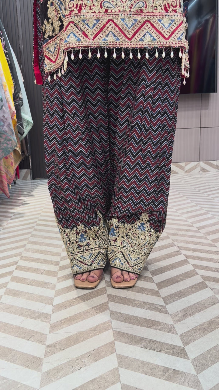 Noorika – Maroon Chinon Ajrak Printed Dori Work Suit