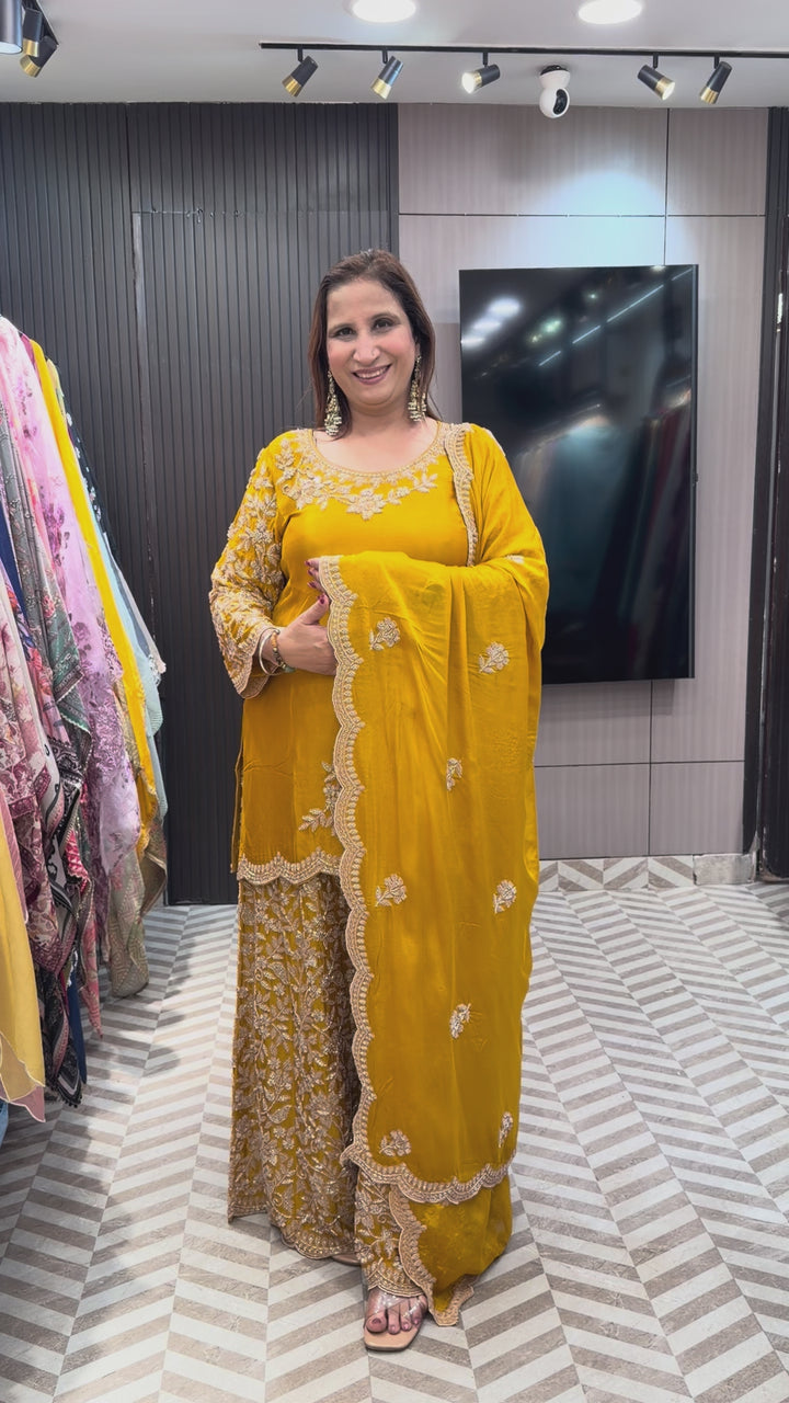 Yellow Embellished Chinon Sharara Set