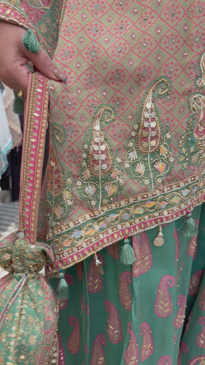 Green Burberry Tissue Sharara Set with C-Cut &amp; Heavy Handwork