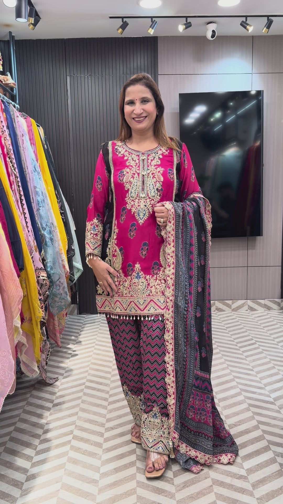 Noorika – Pink Chinon Ajrak Printed Dori Work Suit