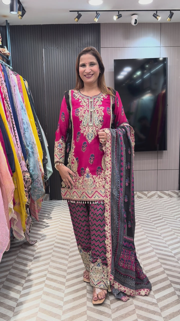 Noorika – Pink Chinon Ajrak Printed Dori Work Suit