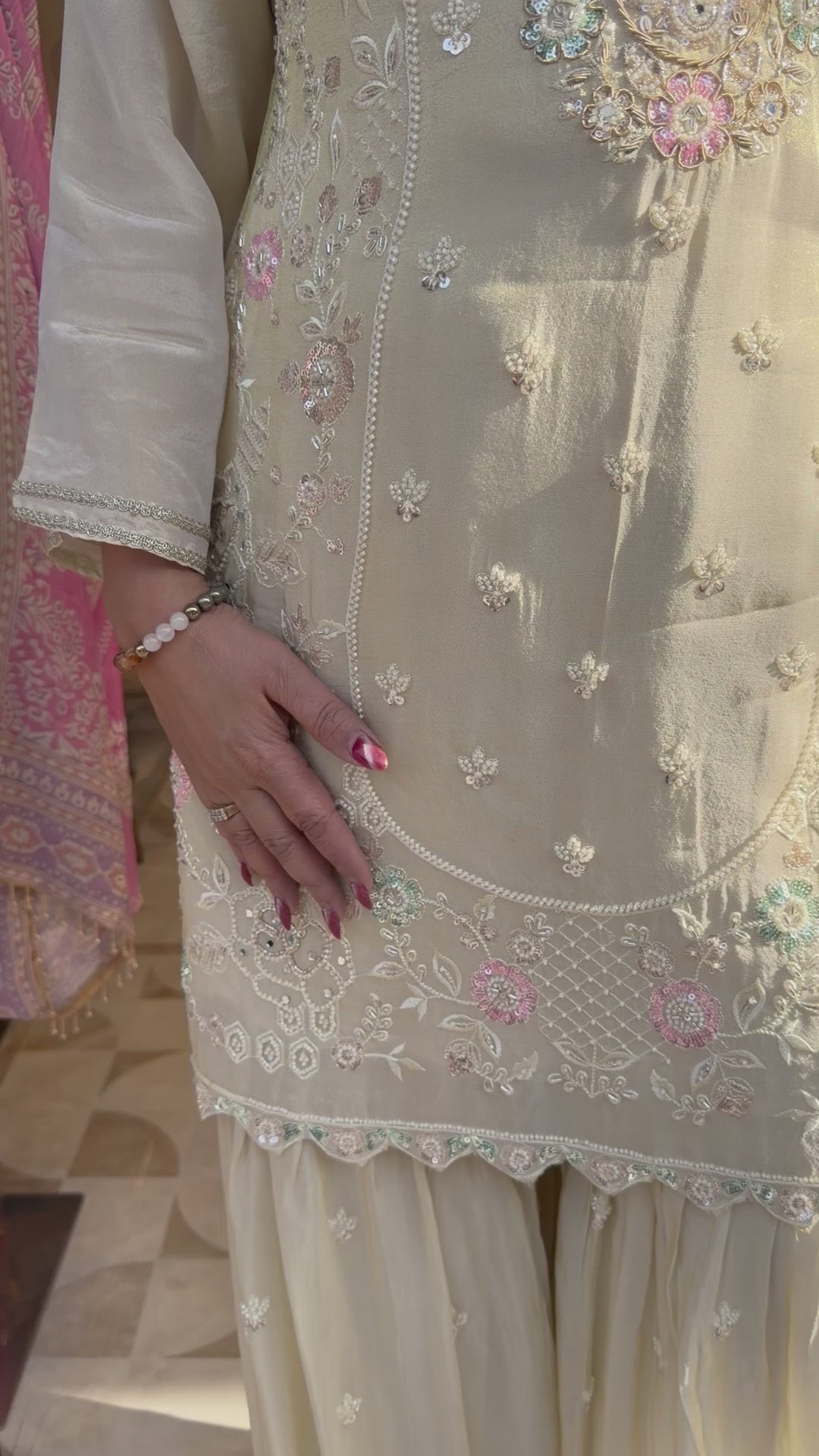 Zehvaya – Beige Chinon Cutdana Sharara Set