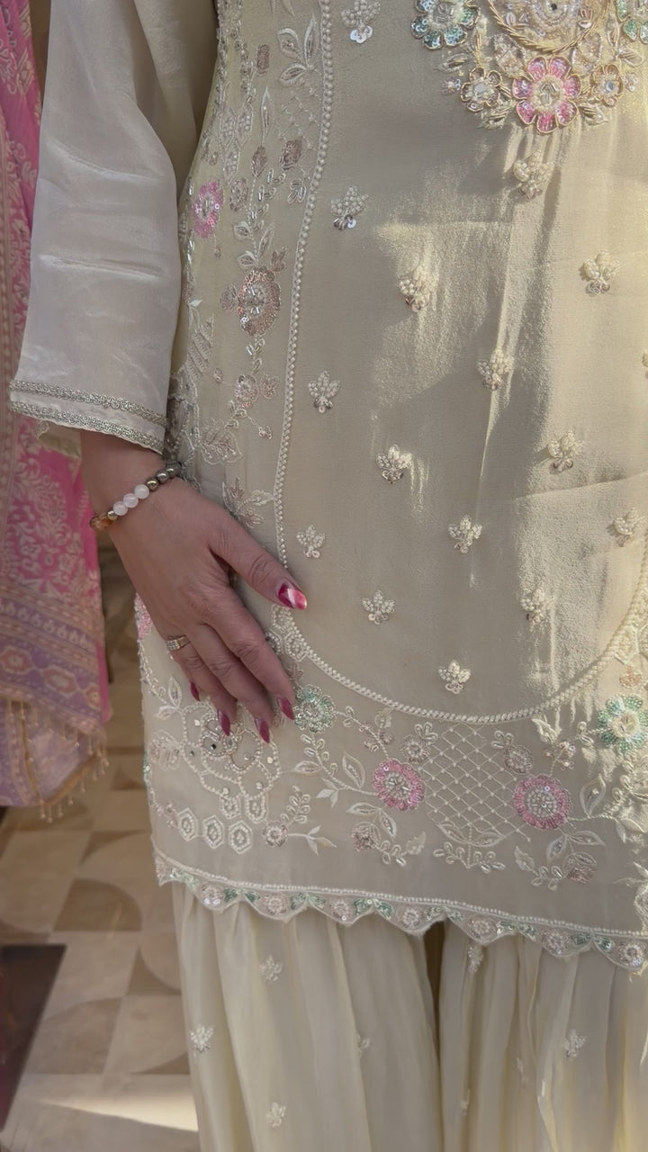 Zehvaya – Beige Chinon Cutdana Sharara Set