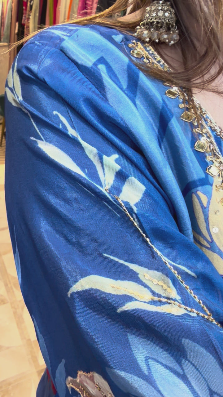 Blue Silk Organza Digital Printed Sharara Set with Handwork