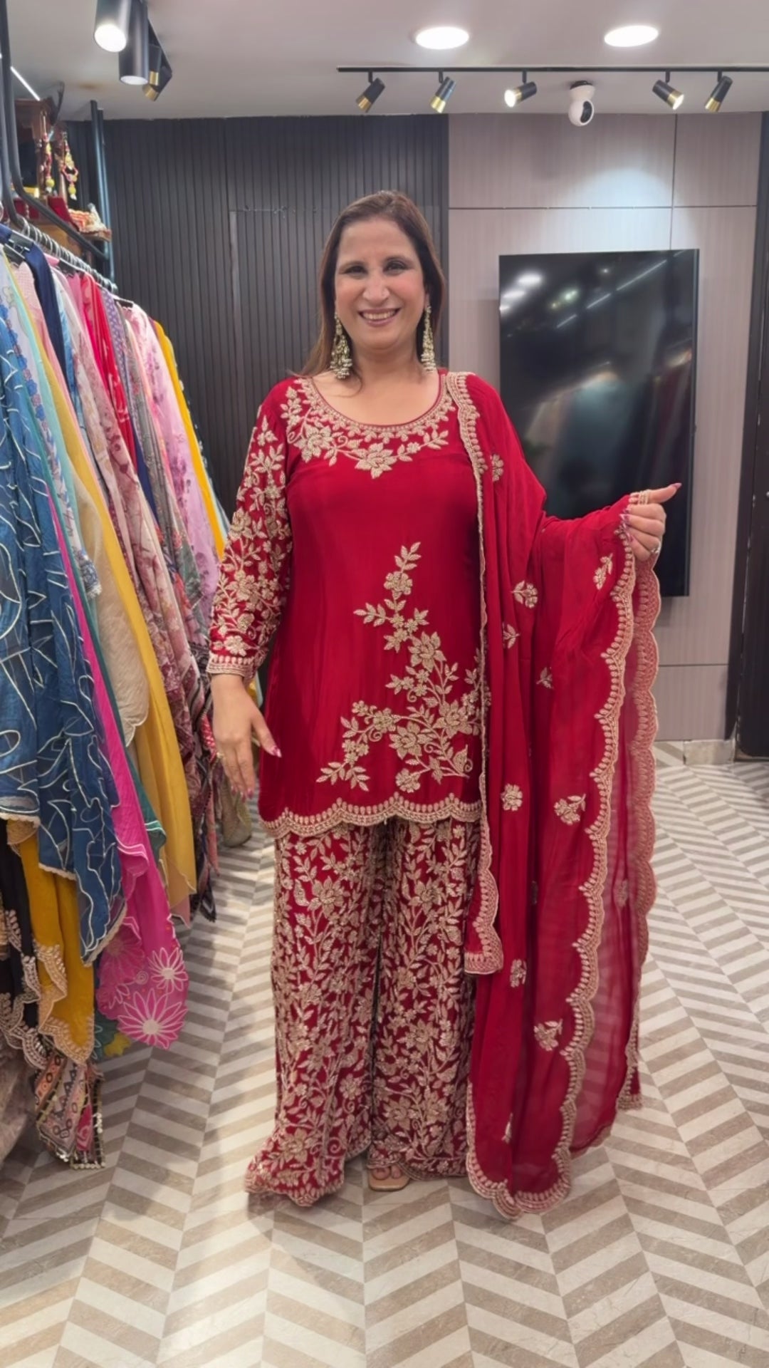 Red Embellished Chinon Sharara Set