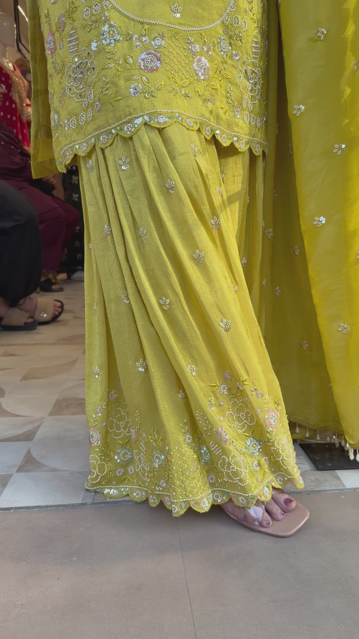 Zehvaya – Yellow Chinon Cutdana Sharara Set
