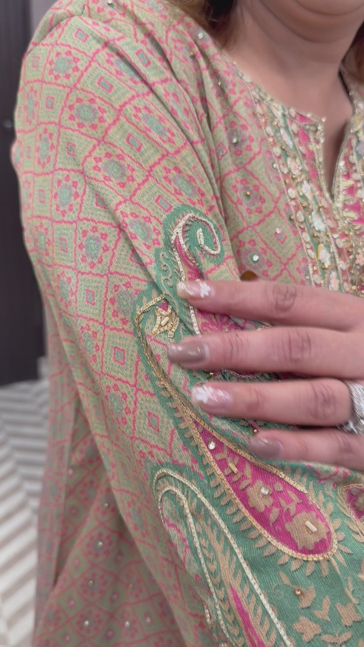 Green Burberry Tissue Sharara Set with C-Cut &amp; Heavy Handwork