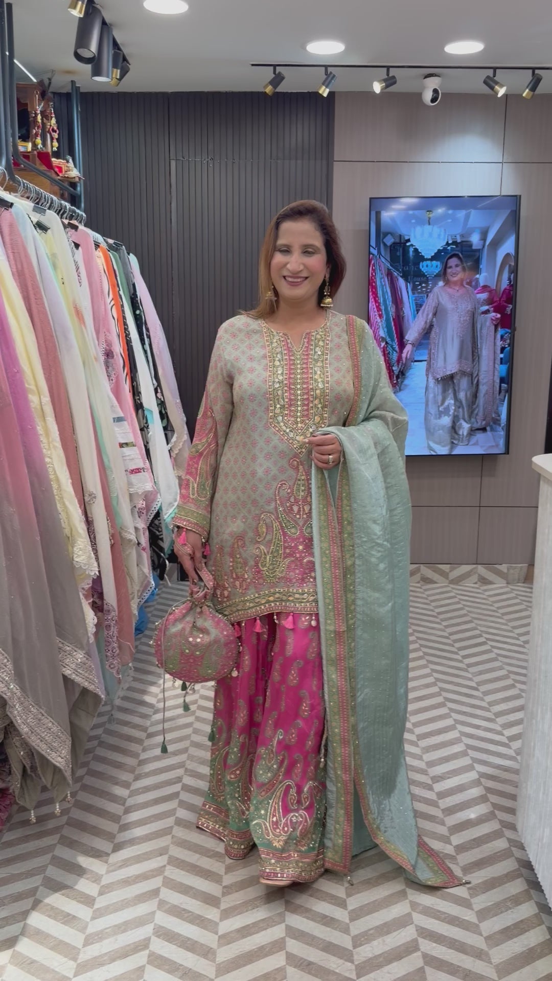 Pink Burberry Tissue Sharara Set with C-Cut &amp; Heavy Handwork