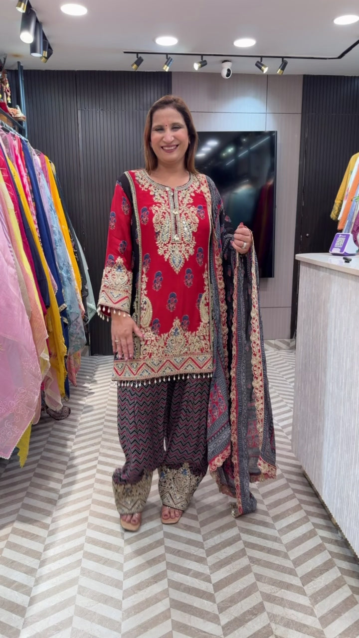 Noorika – Maroon Chinon Ajrak Printed Dori Work Suit