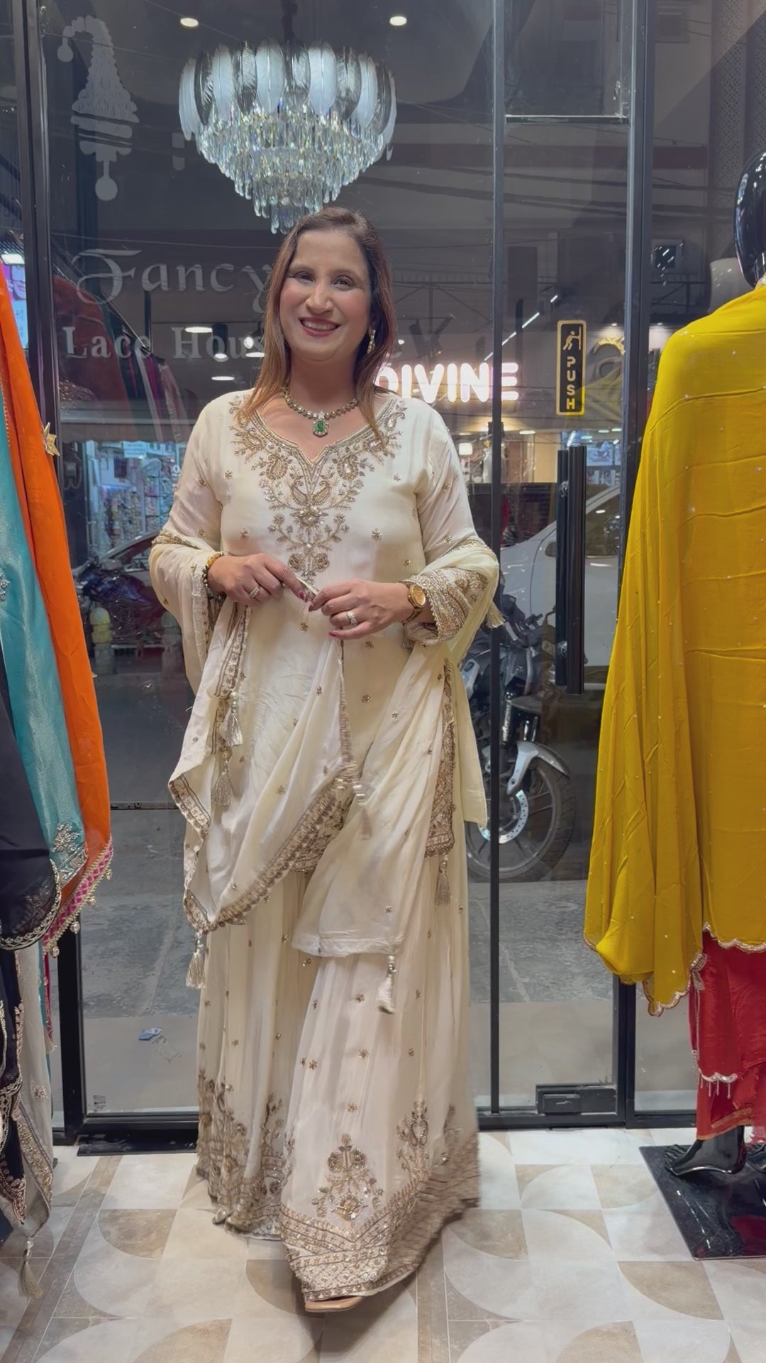 Zehvaya – Ivory Chinon Beaded Sharara Set